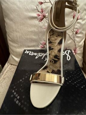 Sam Edelman Cream Ankle-Strap Heel with Gold Accent